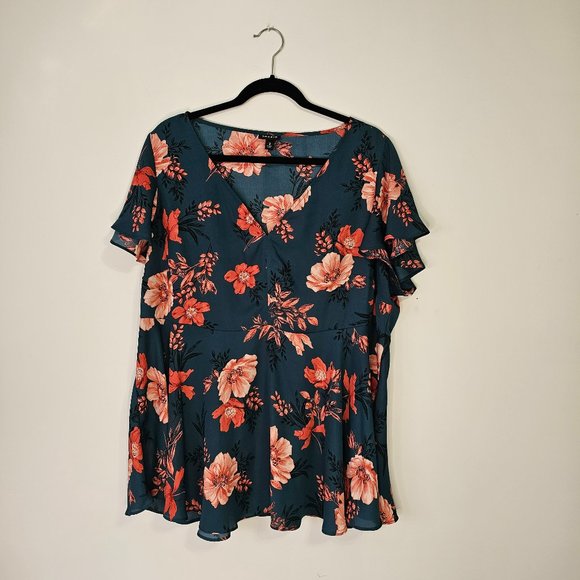 EUC Plus size Torrid short sleeve blouse  Teal green and orange floral print - Picture 1 of 5